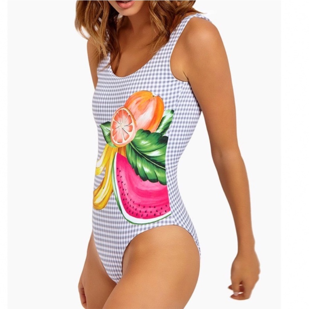 ◾️Onia Kelly Scoop Back One Peice Mixed Fruit Gingham Swimsuit